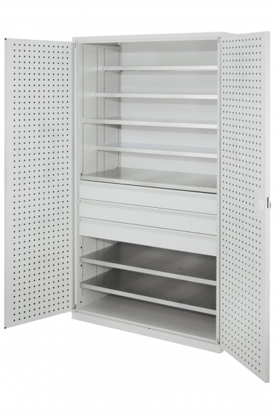 Großraumschrank Leergehäuse RAL 7035 Türinnenseite ®RasterPlan Lochplatte.