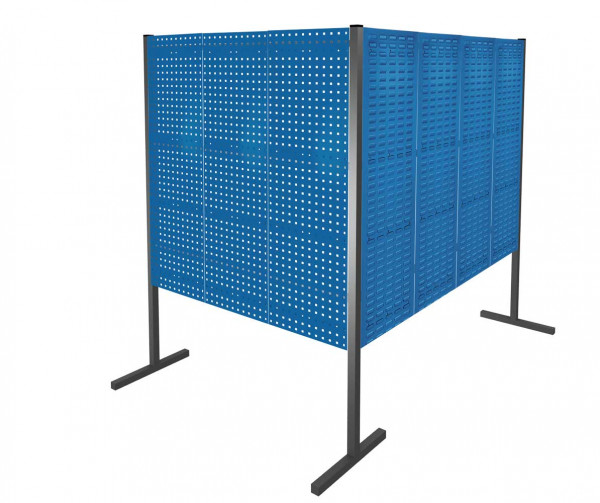 ®RasterPlan Trennwand Doppelfeld 90° 1500 / 2000 mm H1500 mm RAL 5010. Mit 4 ®RasterPlan Lochplatten 3 ®RasterPlan Schlitzplatten.