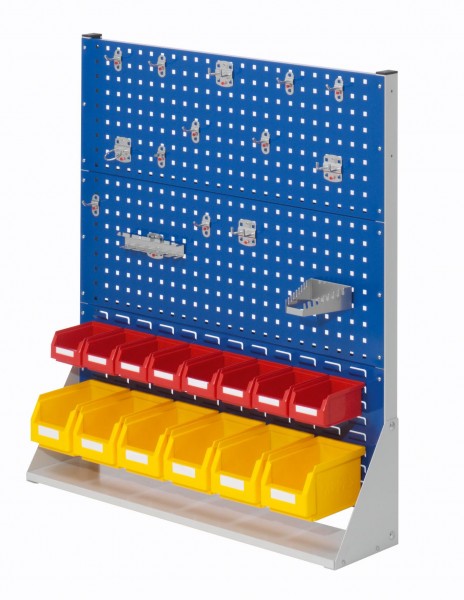 ®RasterPlan Stellwand einseitig H1100 x B1000 x T240 mm RAL 7035/5010. 1 x Werkzeughaltersortiment 15-teilig 6 x Lagersichtkästen Größe 6 8 x Lagersichtkästen Größe 7.