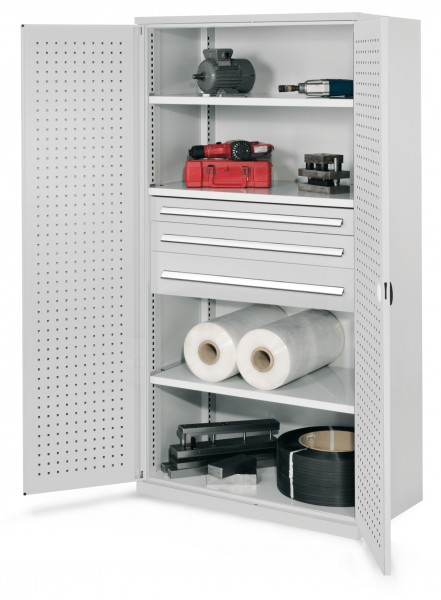 Schwerlastschrank ohne Mitteltrennwand 1950 x 1000 x 600 mm Mod 46 RAL 7035. Türinnenseite: ®RasterPlan Lochplatte 3 Fachböden verzinkt 1 Schublade 100 mm 1 Schublade 125 mm 1 Schublade 175 mm.