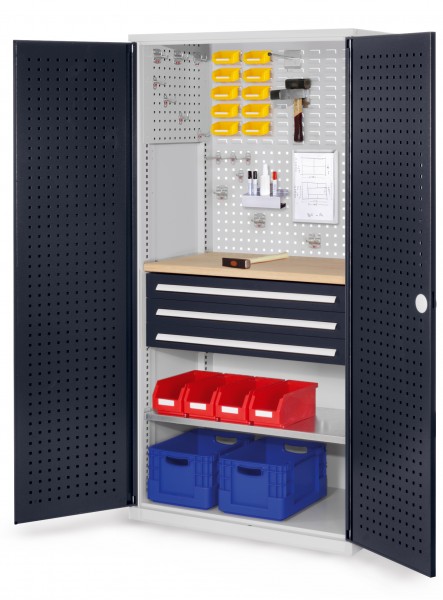®RasterPlan Schubladenschrank Modell 15 RAL 7035/7016. 1950 x 1000 x 600 mm mm 3 Schubladen H 100 mm mm 1 Fachböden verzinkt 1 Werkbankplatte Multiplex.