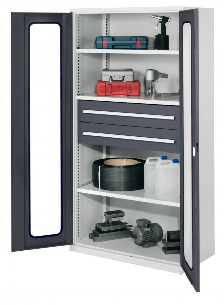 Schwerlastschrank ohne Mitteltrennwand 1950 x 1000 x 600 mm Mod 42 RAL7035/7016. Sichtfenstertür. 3 Fachböden verzinkt 2 Schubladen H175 mm.