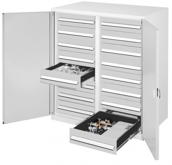 Schwerlast-Beistellschrank Modell 72 1110 x 1000 x 600 mm RAL 7035. Mit Mitteltrennwand Doppelwandtür 16 Schubladen H 125 mm.