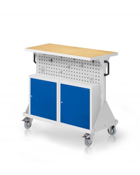 RasterMobil Gr. 2 RAL 7035 H 930 x B 1000 x T 500 mm. 1 x Auflageboden aus Stahlblech inkl. 30 mm starker Multiplex-Werkbankplatte 1 x Werkzeughaltersort. 10-teilig 2 x Einhängeschränke.