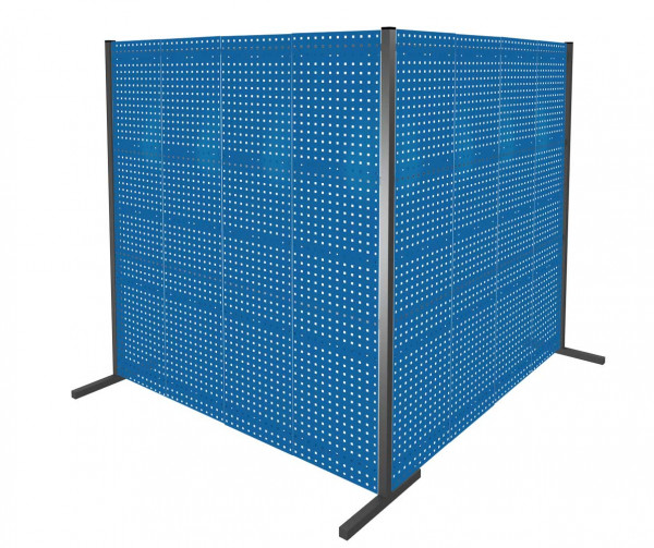 ®RasterPlan Trennwand Doppelfeld 90° L2000 / 2000 mm H2000 mm RAL 5010. Mit 8 ®RasterPlan Lochplatten.