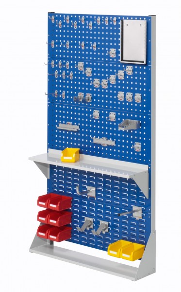 ®RasterPlan Stellwand Gr.5 einseitig H1790 x B1000 x T240 mm RAL 7035/5010. 1 x Werkzeughaltersortiment 40-teilig 1 x Formularhalter A4 1 x Stahlboden 950 mm 2 x Dornträger 1 x Rohrträger 1 x Universalhalter 9 x Lagersichtkästen Größe 7.