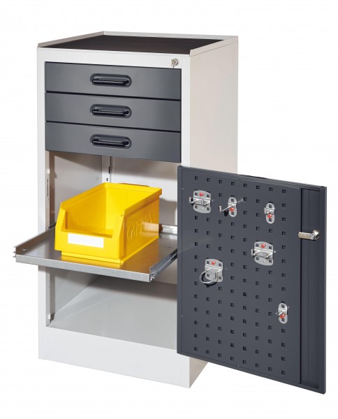 RasterPlan Arbeitsplatzschrank Modell 2S, H 1000 x B 500 x T 500 mm Türinnenseite: RasterPlan Lochplatte, RAL 7035/7016, 3 Schubladen, 1 ausziehbarer Fachboden.