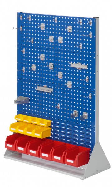 ®RasterPlan Stellwand Gr.4 doppelseitig H1450 x B1000 x T430 mm RAL 7035/5010. 1 x Werkzeughaltersortiment 28-teilig 6 x Lagersichtkästen Größe 6 4 x Lagersichtkästen Größe 7 4 x Lagersichtkästen Größe 8.