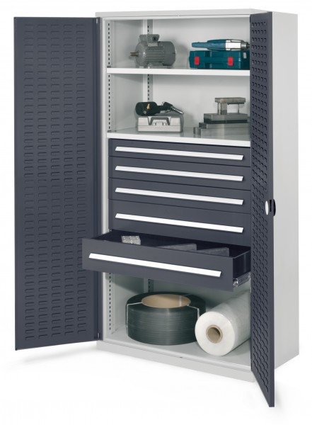 Schwerlastschrank ohne Mitteltrennwand 1950 x 1000 x 600 mm Mod 44 RAL 7035/7016. Türinnenseite: ®RasterPlan Schlitzplatte 2 Fachböden verzinkt 1 Schublade H 100 mm 2 Schubladen H 125 mm 2 Schubladen H 175 mm.