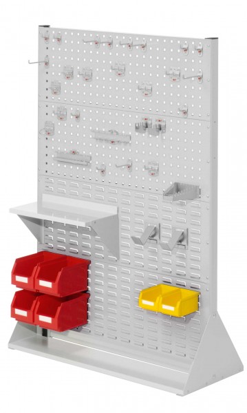 ®RasterPlan Stellwand Gr.4 doppelseitig H1450 x B1000 x T430 mm RAL 7035. 1 x Werkzeughaltersortiment 28-teilig 1 x Stahlboden 450 mm 2 x Dornträger 4 x Lagersichtkästen Größe 6 2 x Lagersichtkästen Größe 7.