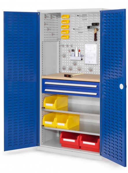 ®RasterPlan Schubladenschrank Modell 24 RAL 7035/5010. Türinnenseite: Schlitzplatten 1950 x 1000 x 600 mm 2 Schubladen H 100 mm 2 Fachboden verzinkt 1 Werkbankplatte Multiplex.