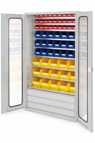 Großraumschrank Modell 20 RAL 7035 1950 x 1130 x 590 mm. Sichtfenstertüren 3 Schubladen unten inklusiv Lagersichtkasten 15 x Größe 4 21 x Größe 6 30 x Größe 7.