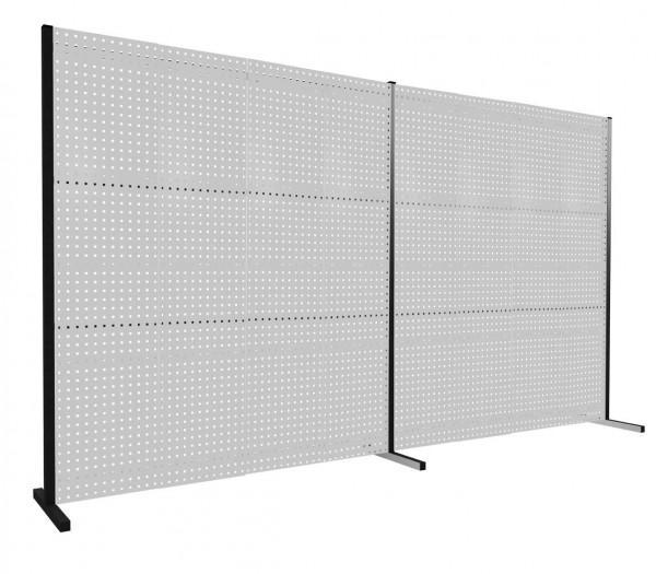 ®RasterPlan Trennwand Doppelfeld 180° L2000 / 2000 mm H2000 mm RAL 7035. Mit 8 ®RasterPlan Lochplatten.
