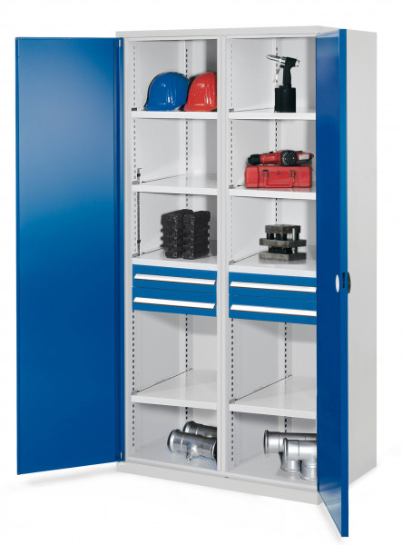 Schwerlastschrank mit Mitteltrennwand 1950 x 1000 x 600 mm Mod 56 RAL 7035/5010. Doppelwandtüren 2 Schubladen H 100 mm 4 Fachböden links verzinkt 4 Fachböden rechts verzinkt.
