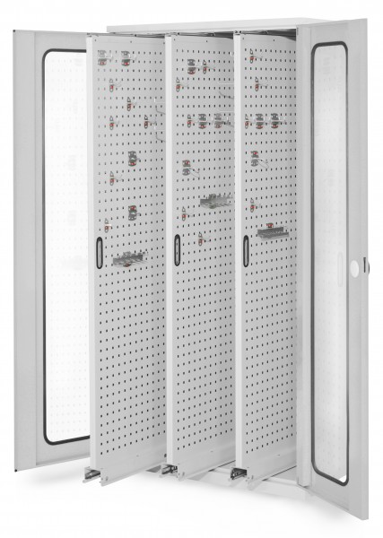 ®RasterPlan Vertikalschrank Modell 85 1950 x 1000 x 600 mm RAL 7035. Sichtfenstertür 3 Auszüge Lochplatten.