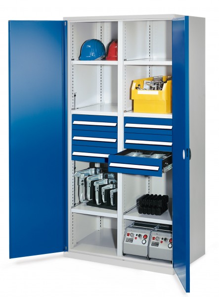 Schwerlastschrank mit Mitteltrennwand 1950 x 1000 x 600 mm Mod 53 RAL 7035/5010. Doppelwandtür 6 Schubladen H 125 mm 3 Fachboden links verzinkt 3 Fachboden rechts verzinkt.