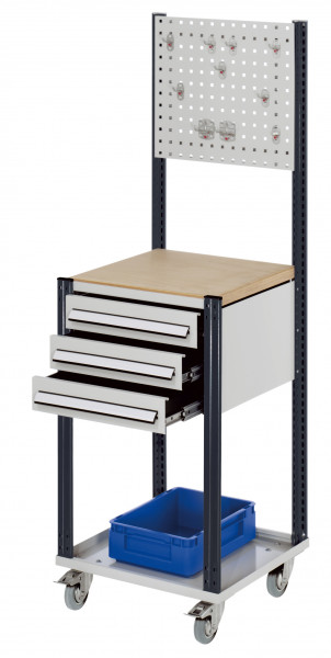 Mobile Arbeitsstation RAL 7035/7016 1730 x 500 x 500 mm 3 Schubladen Lochplatte.
