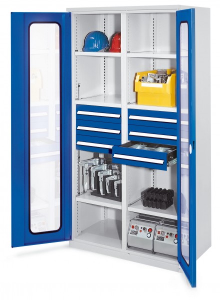 Schwerlastschrank mit Mitteltrennwand 1950 x 1000 x 600 mm Mod 53 RAL 7035/5010. Sichtfenstertür 6 Schubladen H 125 mm 3 Fachboden links verzinkt 3 Fachboden rechts verzinkt.