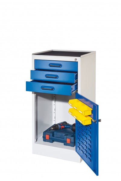 RasterPlan Arbeitsplatzschrank Modell 2, Innentür RasterPlan Lochplatte. RAL 7035/5010, 3 Schubladen, 1 Boden.