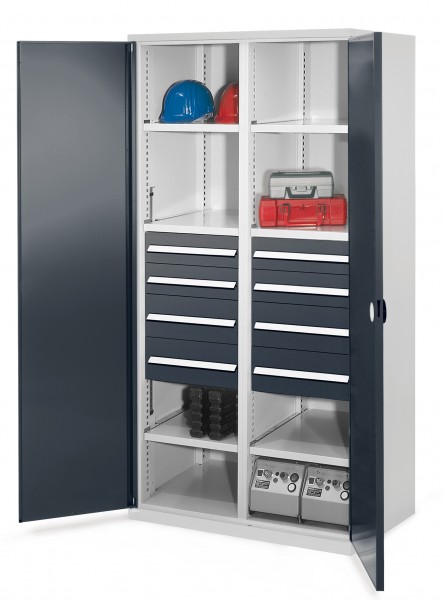 Schwerlastschrank mit Mitteltrennwand 1950 x 1000 x 600 mm Mod 54 RAL 7035/7016. Doppelwandtür 4 Schubladen H 100 mm 4 Schubladen H 175 mm 3 Fachboden links verzinkt 3 Fachboden rechts verzinkt.