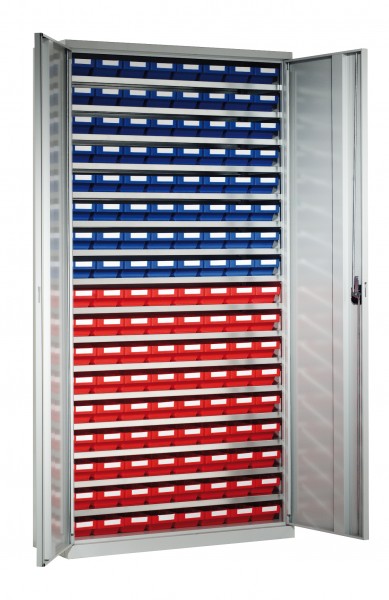 Systemschrank mit Regalkästen Modell 3 1950 x 1000 x 410 mm RAL 7035. 136 Kästen 300 x 120 x 65 mm.