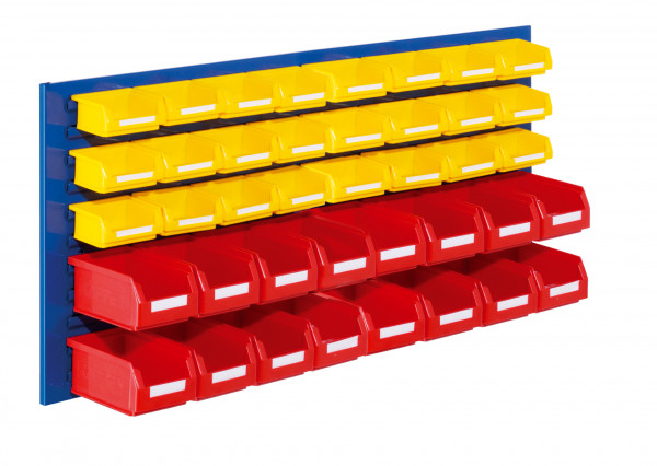 ®RasterPlan Schlitzplatten Einsteigerset 12 RAL 5010. 1 x Schlitzplatte H 450 x B 1000 mm,16 x Lagersichtkästen Größe 7 24 x Lagersichtkästen Größe 8.