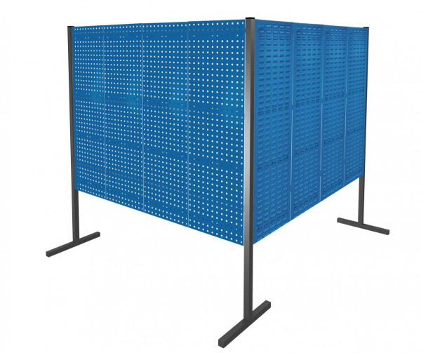 ®RasterPlan Trennwand Doppelfeld 90° 2000 / 2000 mm H1500 mm RAL 5010. Mit 4 ®RasterPlan Lochplatten 4 ®RasterPlan Schlitzplatten.
