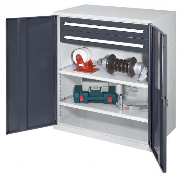 Schwerlast-Beistellschrank Modell 63 1110 x 1000 x 600 mm RAL 7035/7016. Vollblechtüren 2 Schubladen H 100 mm 2 Fachboden B 1000 mm.