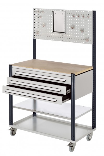 Mobile Arbeitsstation RAL 7035/7016 1730 x 1000 x 500 mm 3 Schubladen Lochplatte. Mit Zusatzboden.