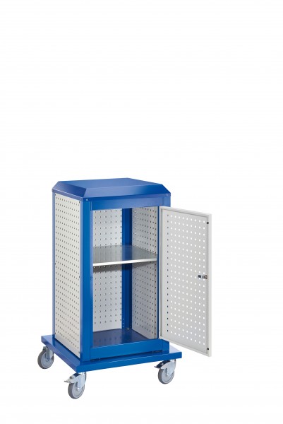 ®RasterPlan ToolTower klein Mod 6 mobil RAL 7035/5010. 3 LP außen klein 2 LP innen klein 1 LP Tür 1 Fachboden.