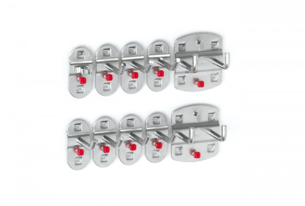 ®RasterPlan Werkzeughalter-Sortiment 10-teilig Alufarben 7 Werkzeughalter schräges Hakenende, 2 Doppelte Werkzeughalter senkrechtes Hakenende, 1 Werkzeugklemme