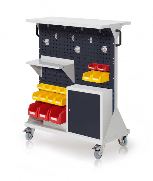 RasterMobil Gr. 3 RAL 7035/7016 H1270 x B1000 x T500 mm.. 1 x Ablageboden aus Stahlblech 1 x Werkzeughaltersortiment 10-teilig 1 x Stahlboden 450 mm 1 x Einhängeschrank 3 x Lagersichtkästen Größe 6 6 x Lagersichtkästen Größe 7 6 x Lagersichtkästen