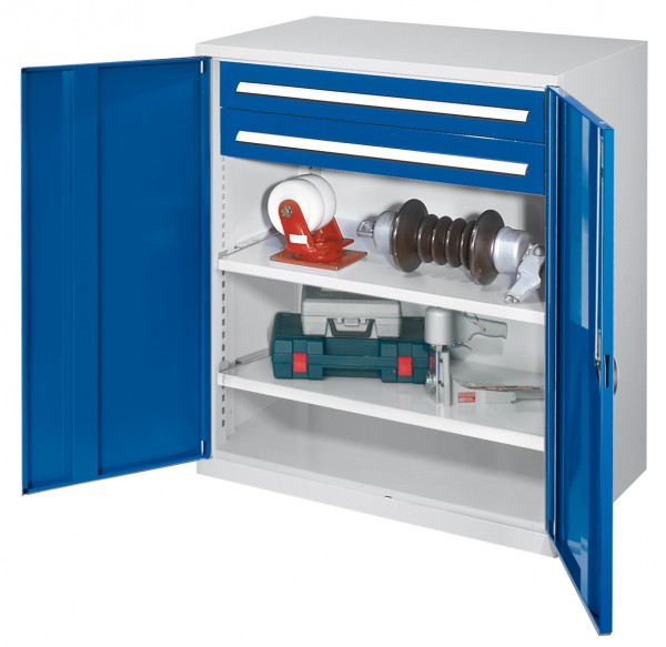 Schwerlast-Beistellschrank Modell 63 1110 x 1000 x 600 mm RAL 7035/5010. Vollblechtüren 2 Schubladen H 100 mm 2 Fachboden B 1000 mm.