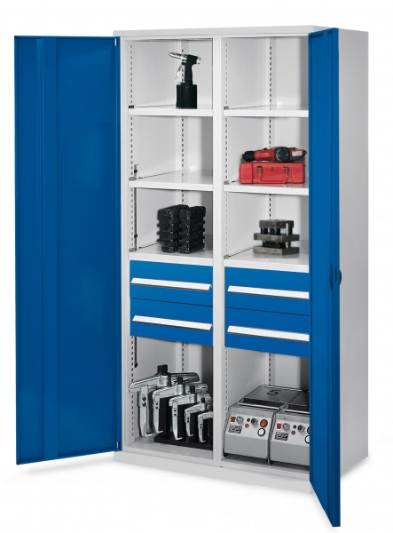 Schwerlastschrank mit Mitteltrennwand 1950 x 1000 x 600 mm Mod 52 RAL 7035/5010. Vollblechtür 4 Schubladen H 175 mm 3 Fachboden links verzinkt 3 Fachboden rechts verzinkt.