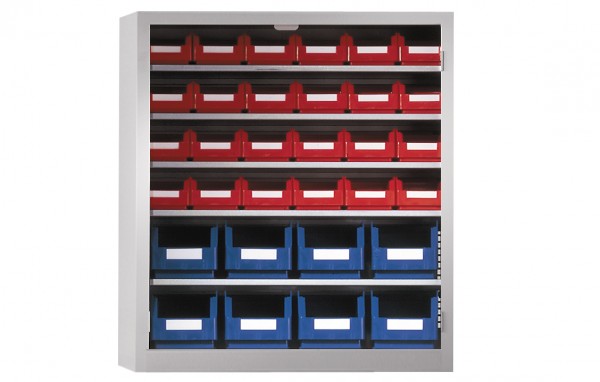 Ordnungsschrank ohne Türen Modell 13 780 x 690 x 285 mm RAL 7035. Inklusiv Lagersichtkasten 8 x Größe 6 24 x Größe 7.