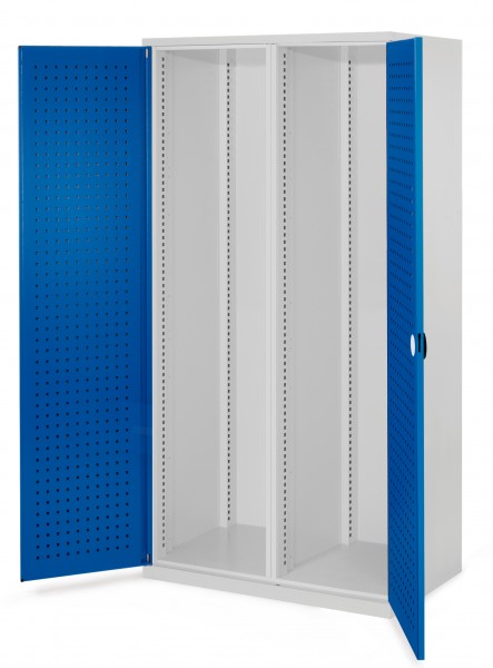 Schwerlastschrank Leergehäuse/Mod 50 1950 x 1000 x 600 mm RAL 7035/5010. Mit Mitteltrennwand Türinnenseite: ®RasterPlan Lochplatte