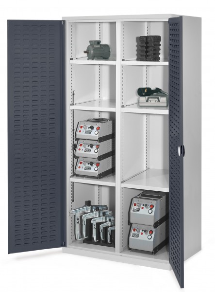 Schwerlastschrank mit Mitteltrennwand 1950 x 1000 x 600 mm Mod 51 RAL 7035/7016. Türinnenseite: ®RasterPlan Schlitzplatten 3 Fachboden links verzinkt. 3 Fachboden rechts verzinkt.