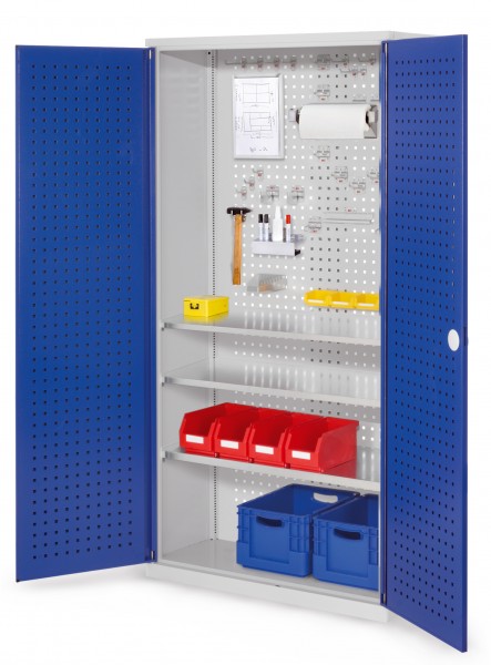 ®RasterPlan Werkzeugschrank Mod 6 410 H1950 x B1000 x T410 mm RAL 7035/5010. Türinnenseite: ®RasterPlan Lochplatte 3 Fachböden.