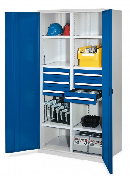 Schwerlastschrank mit Mitteltrennwand 1950 x 1000 x 600 mm Mod 53 RAL 7035/5010. Vollblechtür 6 Schubladen H 125 mm 3 Fachboden links verzinkt 3 Fachboden rechts verzinkt.
