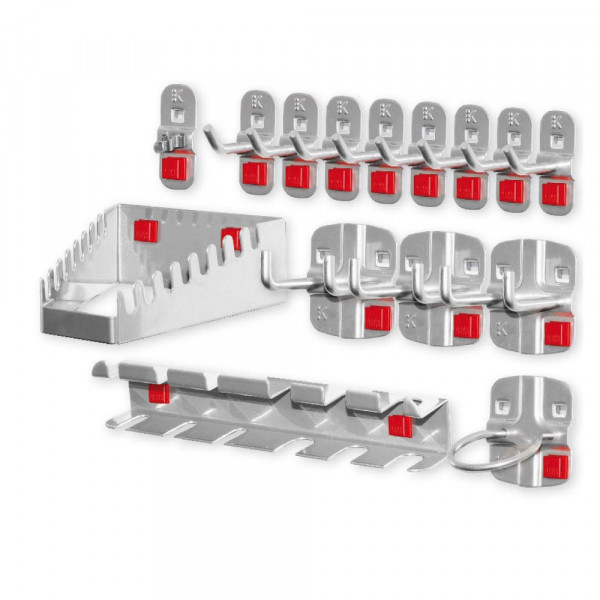 ®ABAX Werkzeughalter-Sortiment 15-teilig alufarben. 8 Werkzeughalter mit schrägem Ende 3 Doppelte Werkzeughalter 1 Werkzeugklemme 1 Schraubendreherhalter 1 Schraubenschlüsselhalter 1 Maschinenhalter.
