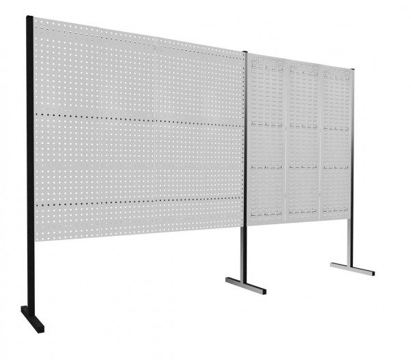 ®RasterPlan Trennwand Doppelfeld 180° 1500 / 2000 mm H1500 mm RAL 7035. Mit 4 ®RasterPlan Lochplatten 3 ®RasterPlan Schlitzplatten.