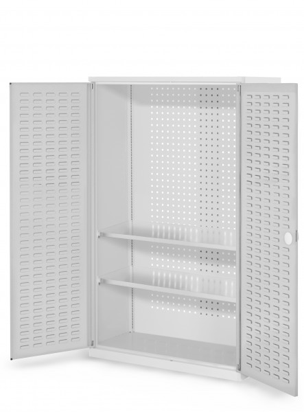 RasterPlan Werkzeugschrank Mod 4 410, H1600 x B1000 x T410 mm, RAL 7035. Türinnenseite: RasterPlan Schlitzplatte, 2 Fachböden.