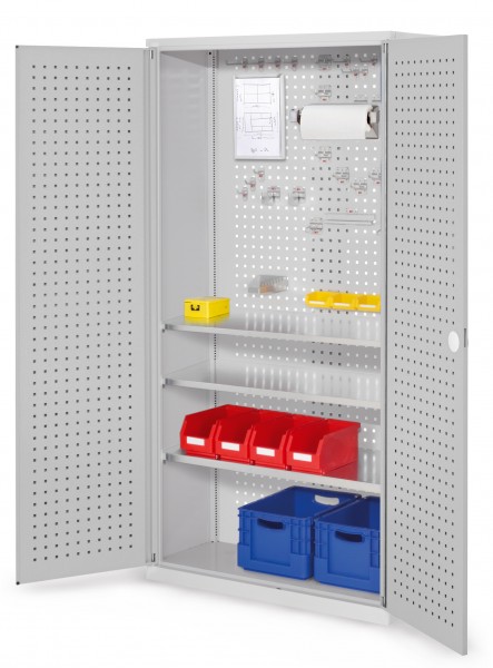®RasterPlan Werkzeugschrank Mod 6 410 H1950 x B1000 x T410 mm RAL 7035. Türinnenseite: ®RasterPlan Lochplatte 3 Fachböden.